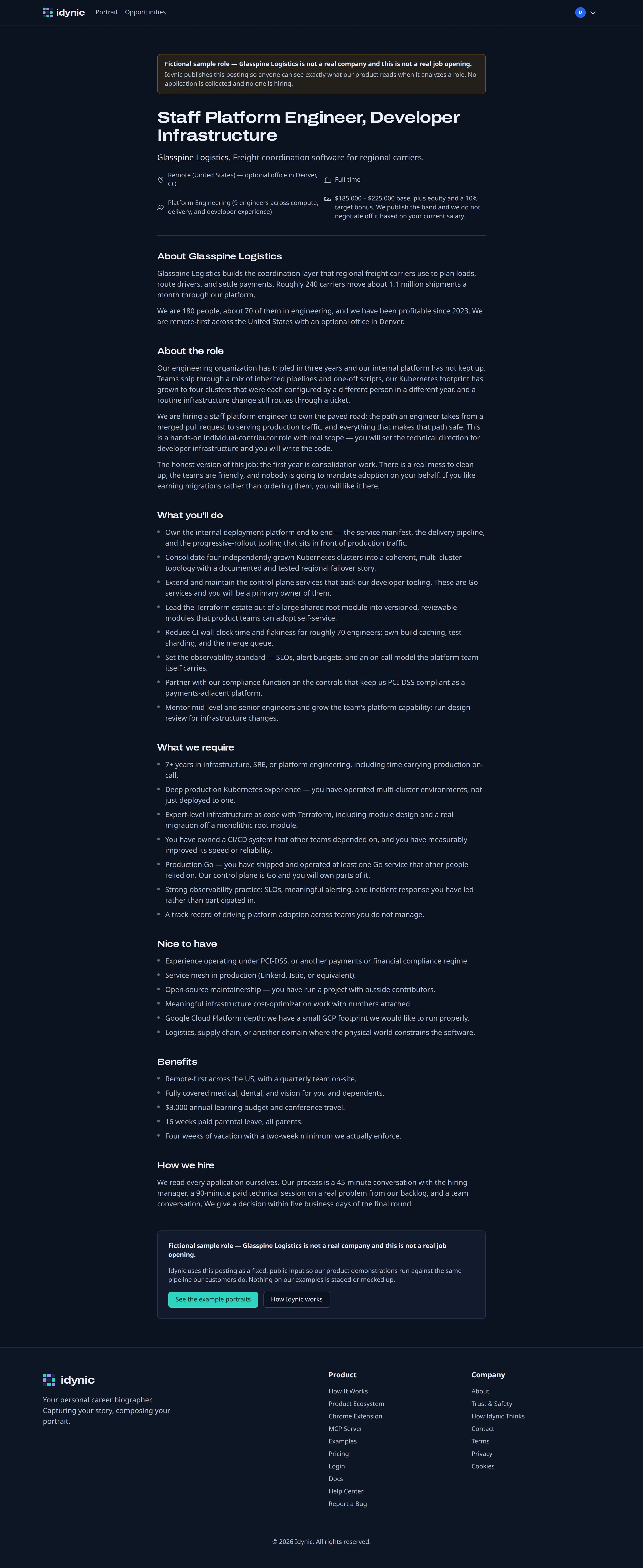 A sample job posting for a Staff Platform Engineer role at the fictional Glasspine Logistics
