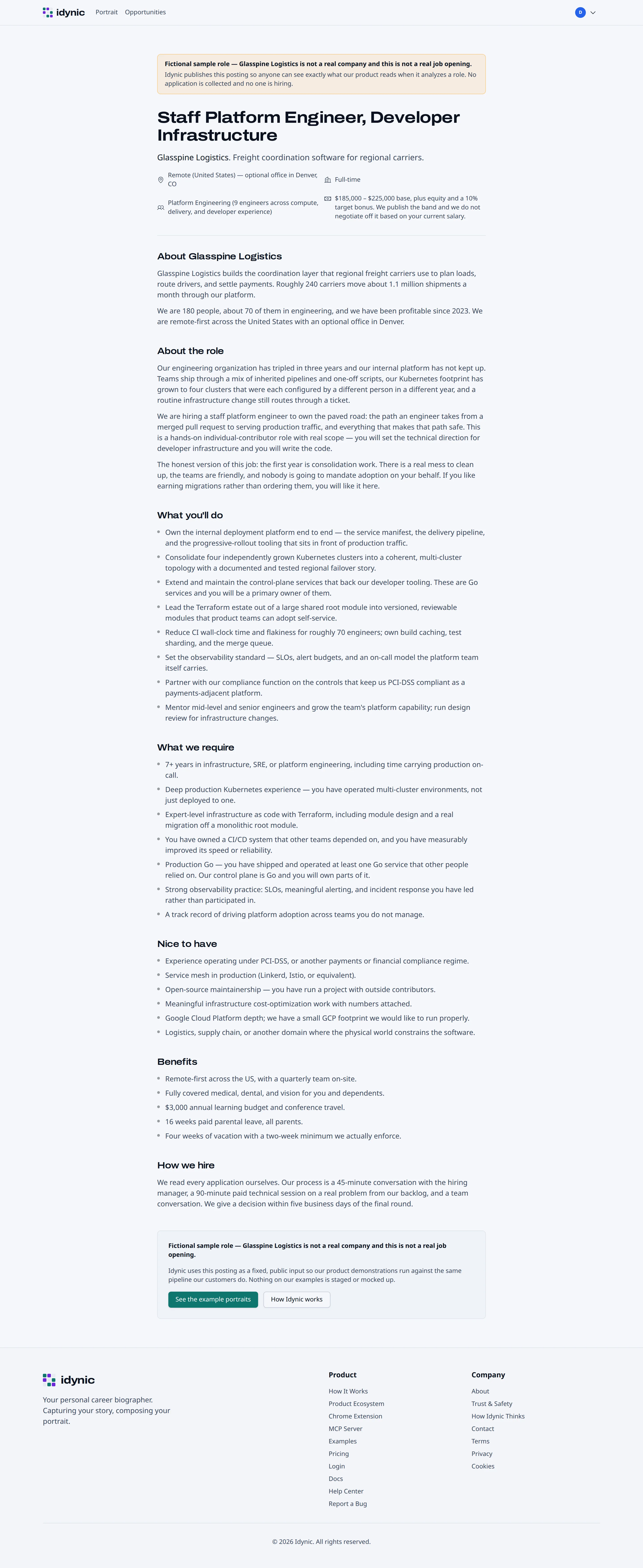 A sample job posting for a Staff Platform Engineer role at the fictional Glasspine Logistics