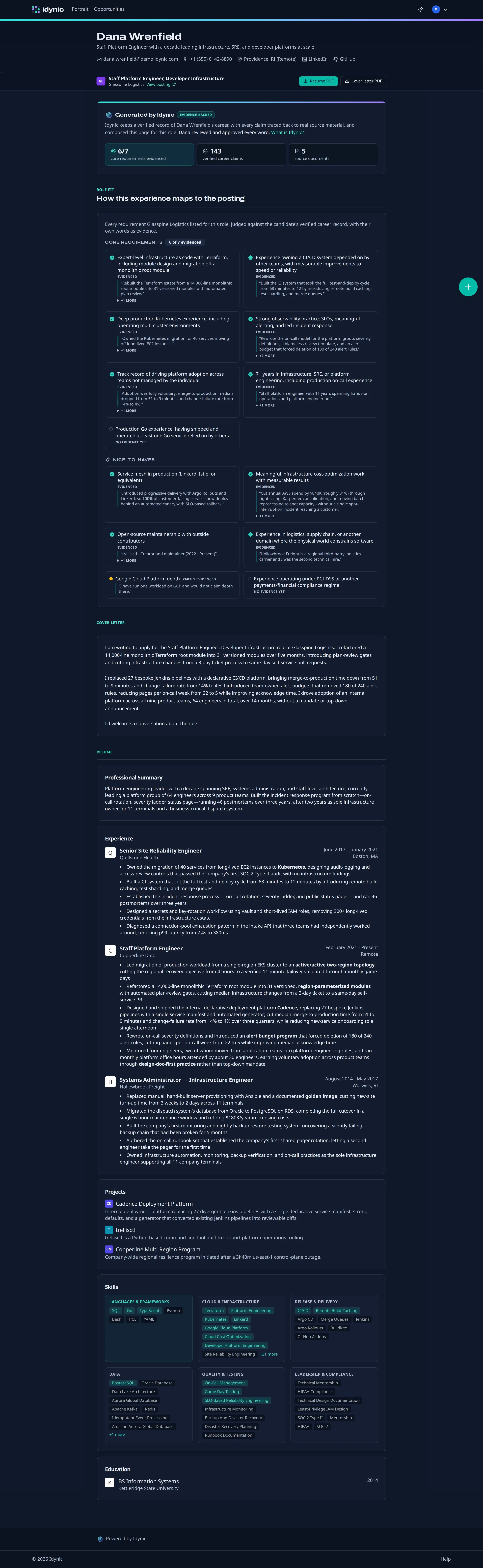 An Idynic share link: the candidate's tailored resume, role fit, and cover letter on one page