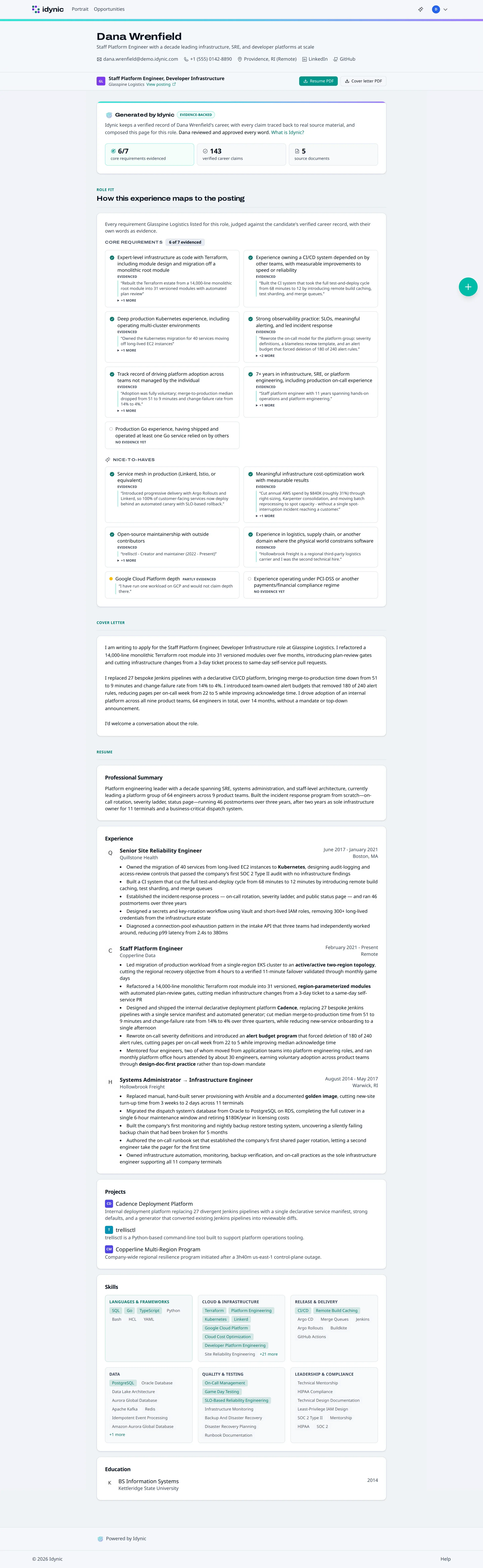 An Idynic share link: the candidate's tailored resume, role fit, and cover letter on one page