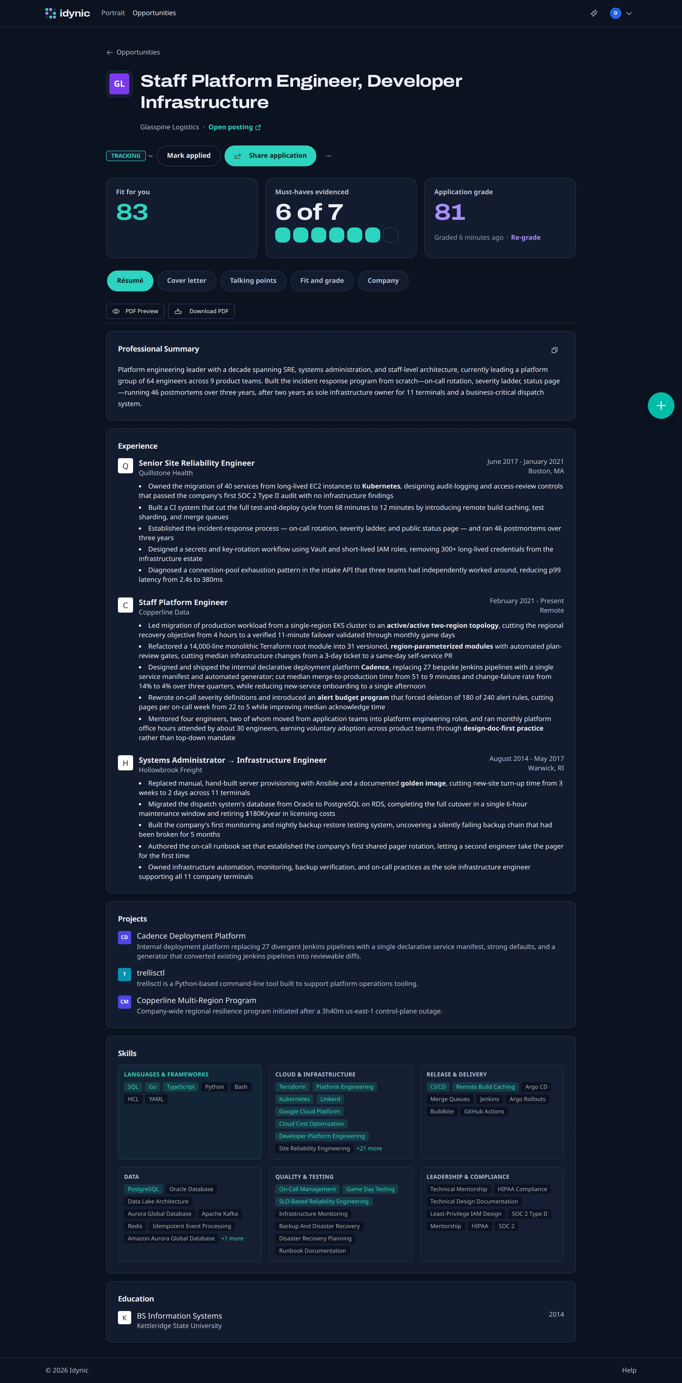 A resume in Idynic tailored for a Staff Platform Engineer role, every bullet drawn from the candidate's record
