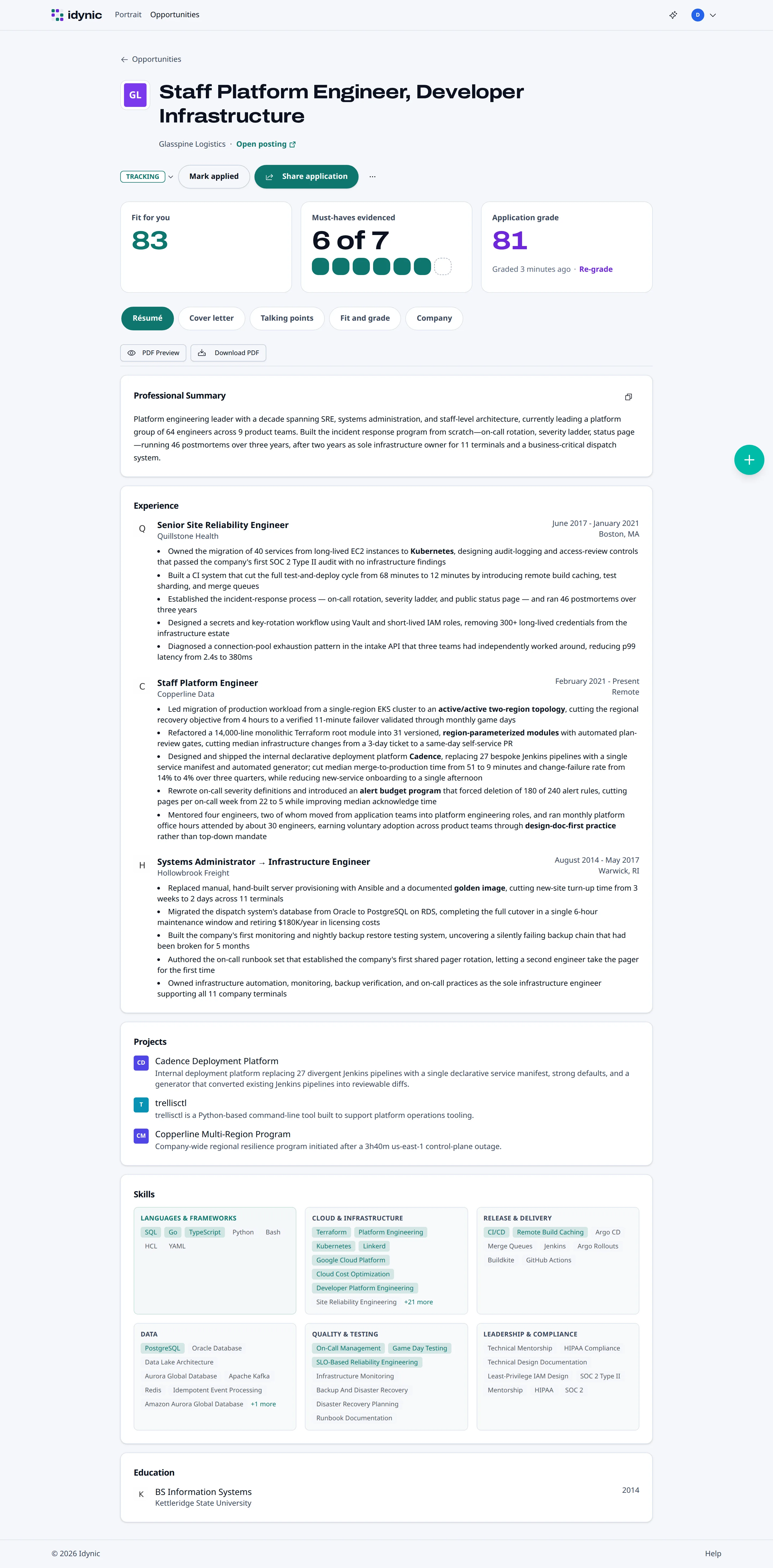 A resume in Idynic tailored for a Staff Platform Engineer role, every bullet drawn from the candidate's record